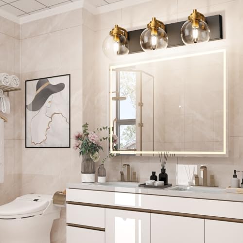 Image of Tipace Black and Gold Bathroom Vanity Light 3-Light Bathroom Light Fixtures Vintage Vanity Lighting Over Mirror with Clear Globe Glass Shade Bathroom Wall Sconce Lighting (Exclude E26 Bulb)