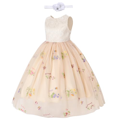 DeeFant Flower Girl Dress for Wedding Toddler Tulle Embroidered Lace V-Back Formal Birthday Party Dresses with Headband (Apricot,4-5T) — view 4