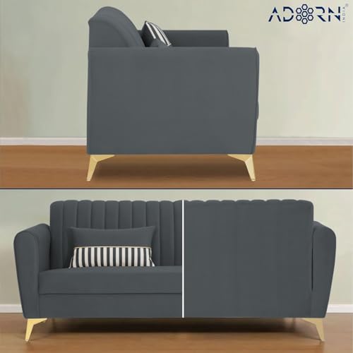 Image of Adorn India Premium Luster 3 Seater | Velvet Suede Fabric | 3-Year Warranty | Color Dark Grey with Golden Legs & Striped Pattern Cushion
