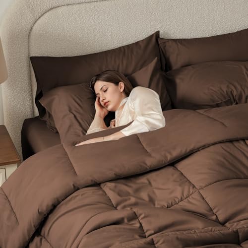 Anluoer Twin Size Bed in a Bag 5 Pieces, Brown Bed Comforter Set with Sheets, All Season Bedding Sets with 1 Comforter, 1 Pillow Sham, 1 Pillowcase, 1 Flat Sheet, 1 Fitted Sheet