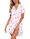 Ekouaer Womens Cotton Nightgowns Button Down Sleep Shirts Soft Night Shirts Night Dress Pink Bow XL