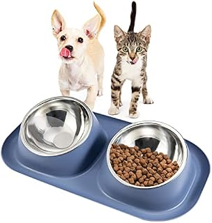 Suhaco Double Dog Bowl Raised Dog Food Bowl Non Slip Stainless Steel Double Bowls with Non-spill for Small Dogs and Cats (Dark Blue)