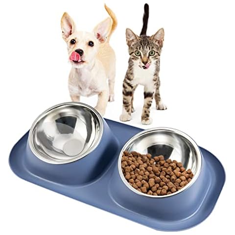 Suhaco Double Dog Bowl Raised Dog Food Bowl Non Slip Stainless Steel Double Bowls with Non-spill for Small Dogs and Cats (Dark Blue) Cover