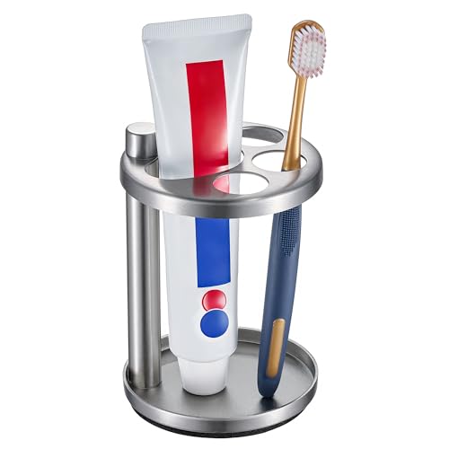 Toothbrush & Toothpaste Holder for Bathroom Countertop Metal Electric Toothbrush Stand with Razor Slot Ideal Design Caddy for Kids & Family Brushed Silver
