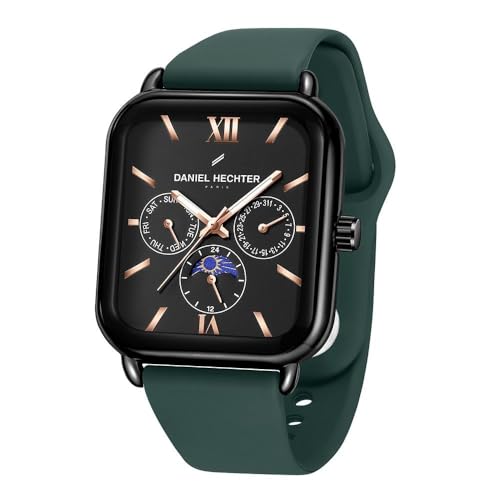 Image of Daniel Hechter Paris Montmartre Unisex Multifunction Square Watch - Black Dial with Day-Date & 24-Hour Subdials, Moonphase Display, Sustainable Silicone Strap
