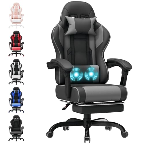 TRIUMPHKEY Silla Gaming Profesional con Masajeador, PU Silla de Juegos con Reposacabezas y Reposapiés,Silla de Oficina Ergonómica con Lumbar de Masaje, Reclinable 90-150°y Capacidad 150KG Gris-Negro