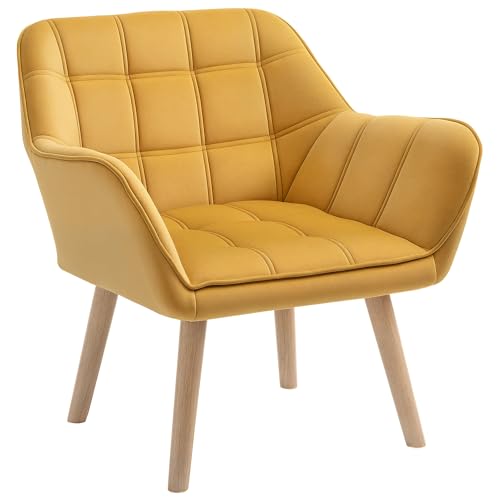 HOMCOM Modern Armchair, Accent Chair with Wide Arms, Slanted Back and Rubber Wood Legs for Living Room, Bedroom, Home Office Yellow