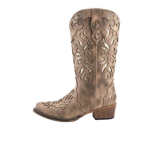 Image of ROPER Womens Riley Glitz Glitter Underlay Snip Toe Casual Boots Mid Calf Low Heel 1-2 inch - Off White