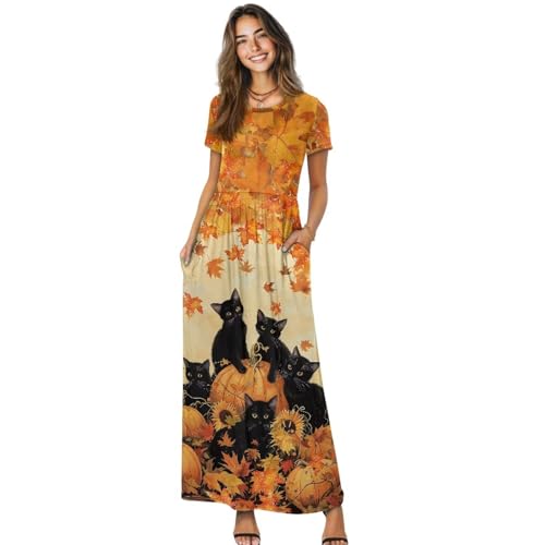 Women's Dress Crewneck Short Sleeve A-Line Dress Causal Long Sundress Summer Beach Clothes with Pockets