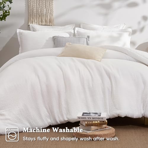 Image of David's Home Cotton Muslin Comforter Set Queen Size, 100% Cotton Cover Ultra-Soft Breathable Lightweight Skin-Friendly for Spring Summer, 3PCS Linen Like Gauze Bedding with Polyester Filling, White