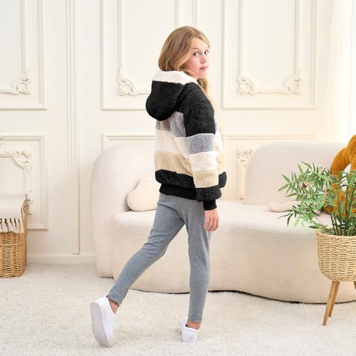 Image of Girls Zip up Hoodie Kids Fuzzy Fleece Jacket with hood Fall Winter Contrast color Pullover Sweatshirt 4-14 Years