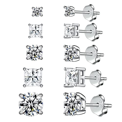 925 Sterling Silver Stud Earrings Set Hypoallergenic Princess Cut Cubic Zirconia Stud Earrings For Women Men (Round/Square 3/4/5/6/8 Mm) #TOP15