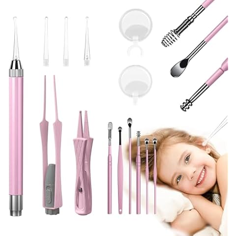 15 Pack Ear Wax Removal Tool Kit with Light - LED Ear Cleaning Kit, Ear Wax Removal for Kids and Adults, Ear Cleaning Tool, Ear Picker Spoon & Ear Tweezers & Spiral Spring Ear Spoon (Pink) Cover