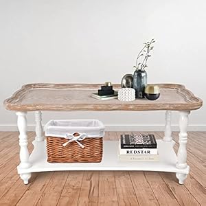 Farmhouse coffee table rustic wood coffee tables for living room 2 tier storage shelf french country modern rectangle center accent table natural and white 218x40x189h  urban country home decor