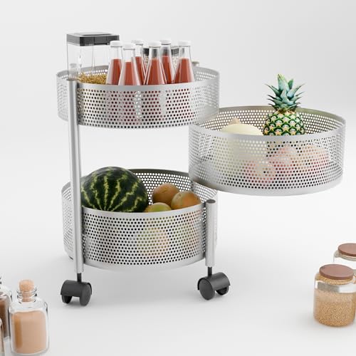 Image of Kuber Industries 3 Layer Metal Kitchen Storage Rack /Trolley with Wheels | Round Shape - Silver
