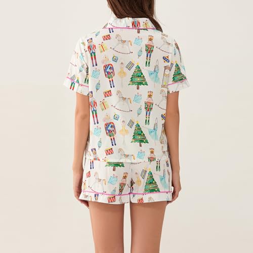 Luckinbaby Women Christmas Satin Pajamas Shorts Set Xmas Print 2 Piece Outfits Set Short Sleeve Button Shirts Pj Shorts Set4