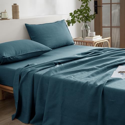 EVERLY Linen Queen Sheets Set, 100% Stonewashed French Linen Bed Sheets Deep Pocket Sheets, 4 Pieces (1 Flat Sheet, 1 Fitted Sheet, 2 Pillowcases) Natural Flax Bedding Set-Graphite Blue