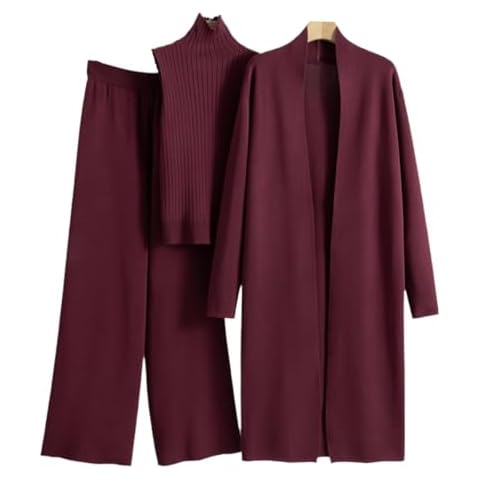 Eternatastic Women's 3 Piece Lounge Sets Sweatsuits Open Front Cardigan Sleeveless Top Wide Legs Pants Outfits Burgundy Cover