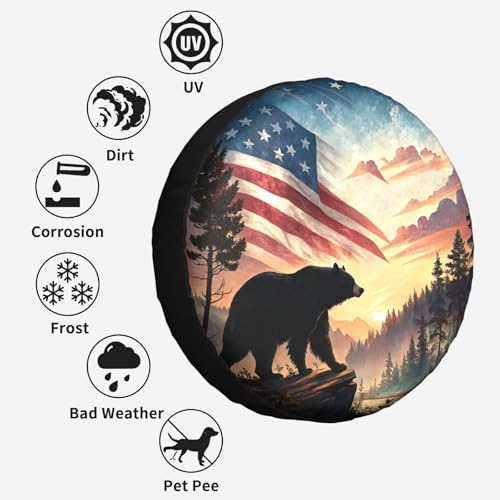 Image of Black Bear American Flag Sunset Mountain Spare Tire Cover Wheel Protectors Waterproof UV Resistant Wheel Covers Universal Fit for SUV Truck Rv Trailer Camper Travel Accessories 17 inch