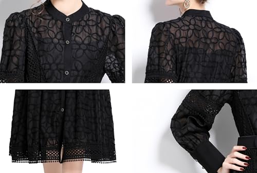 Image of LAI MENG FIVE CATS Women's Round Neck Lantern Sleeves Embroidery Button Layered Lace Hem Midi Dress with Belt