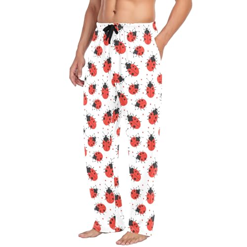 Mens Cotton Pajama Pants Sleep Lounge Pj Bottoms Sleepwear with Pockets Drawstring S Red Ladybugs4