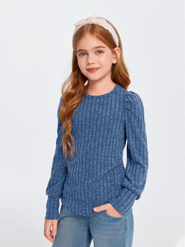 Haloumoning Girls Puff Long Sleeve Shirts Kids Fashion Ribbed Knit Tops Blouse 5-14 Years3