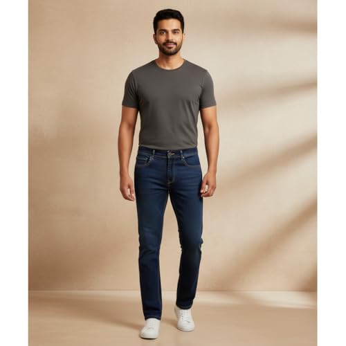 Image of Men's Slim Fit Dark Blue Stretchable Denim Jeans, Mid Rise, 5-Pocket, Solid, Casual Wear, Full Length