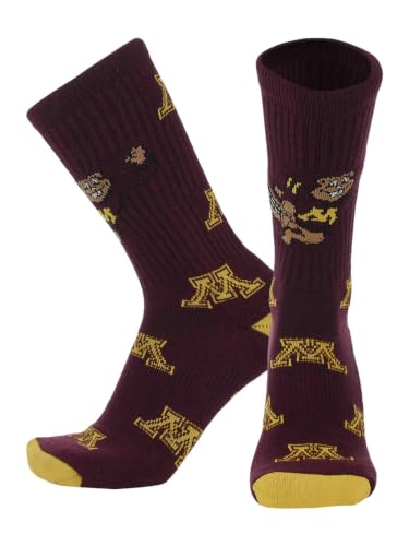 TCK Minnesota Golden Gophers Crew Socks - Mens & Womens NCAA Fan Apparel - Mayhem (Maroon/Gold Made in USA Large)