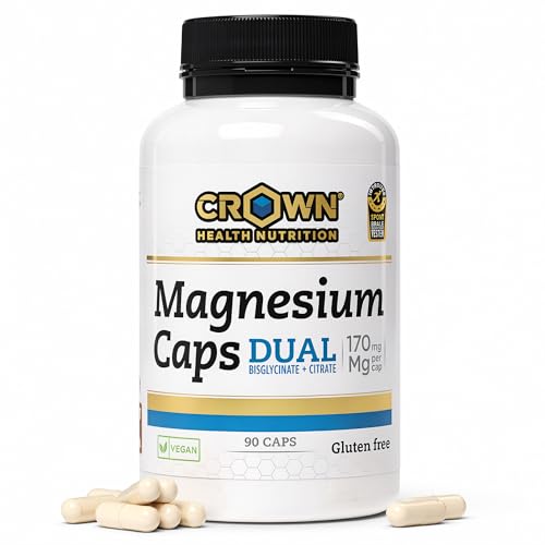 Crown Sport Nutrition Magnesium Caps DUAL | Citrato de Magnesio Bisglicinato 170 mg 90 Cápsulas | Bisglicinato de Magnesio Glicinato Triple Magnesio | Vegano Sin Alérgenos | Certificado Antidoping
