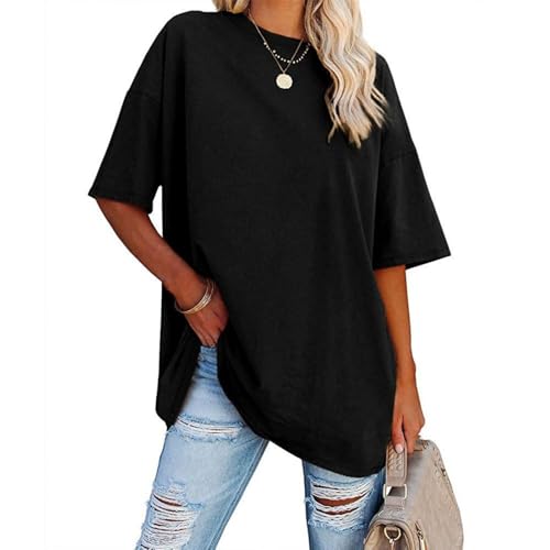 Damen Oversize T Shirt mit Rundhals Kurzarm Casual Lockere Basic Sommer Tee Shirts Bluse (Schwarz,L) Damen Oversize T Shirt mit Rundhals Kurzarm Casual Lockere Basic Sommer Tee Shirts Bluse (Schwarz,L)