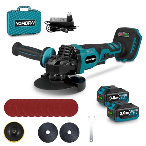 Yofidra Cordless Angle Grinder with Battery(2 x 3.0Ah) - 125mm Grinder Cutter Machine, Brushless Angle Grinder, 3-Speed with 3 Cutting Discs, 10 Grinding Discs
