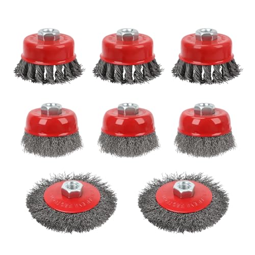 ワイヤーブラシ ひねりワイヤーカップブラシ 8本セット 3種類 剛腕カップブラシ 強力研磨 スチール製 錆び取りブラシ 75mm/100mm ディスクグラインダー用 アタッチメント 六角軸 ワイヤーブラシ 錆落とし 塗装剥がし
