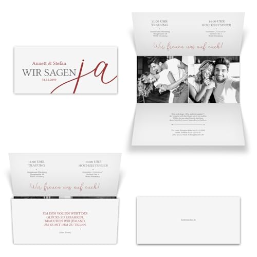 Kartenmachen.de Personalisierte Hochzeitseinladungen 10 bis 100 Stück Einladungskarten zur Hochzeit DIN Lang Wickelfalz mit Foto individuell - Wir sagen Ja