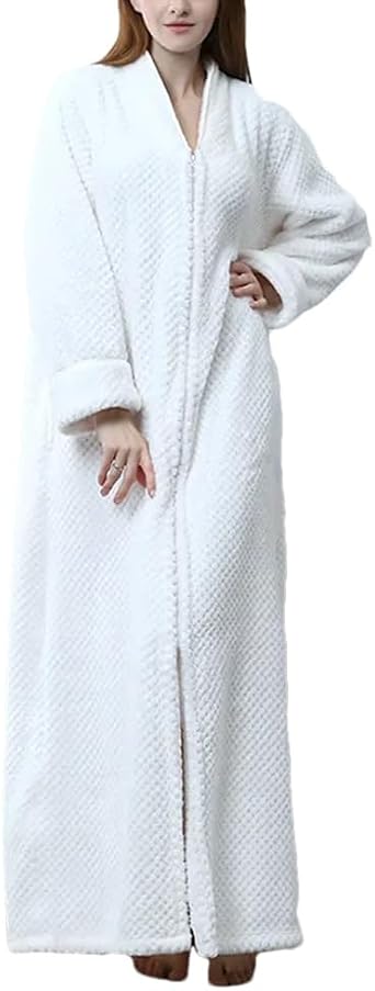 Women Winter Hooded Long Warm Flannel Bathrobe Fleece Zipper Bath Robe Men Sleepwear Home Dressing Gown