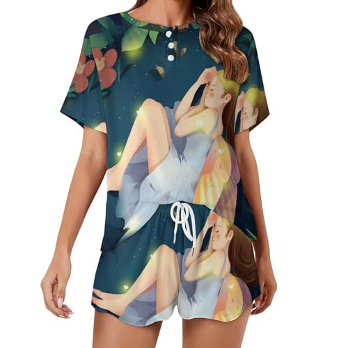 Pyjama femme anime girl ensemble de nuit été manches courtes sleepwear décontracté fluide