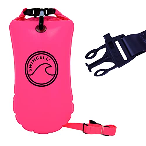 SwimCell Tow Float For Open Water Swimming For Adults. 16L Swim Buoy With Dry Bag For Cold Water Sea And Lake Swimming. Includes Attached Waist Strap and Built In Emergency Marine Whistle. Pink