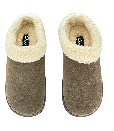 Clarks Womens Slipper Suede Leather With Faux Sherpa Collar JMH1894 - Plush Memory Foam Footbed - Indoor Outdoor House Slippers For Women4