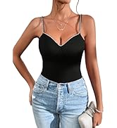 BEAUDRM Women's Rhinestone Detail Spaghetti Strap Party Top V Neck Slim Fit Cami Top Camisole