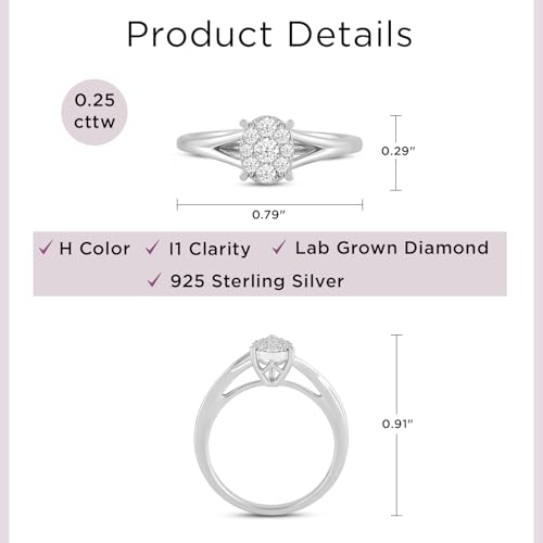 Jewelili 925 Sterling Silver Diamond Ring for Women | 0.25 CTW Bridal Wedding Engagement Rings | H Color I1 Clarity | Lab Grown Diamond Ring | Size 6,7 & 84