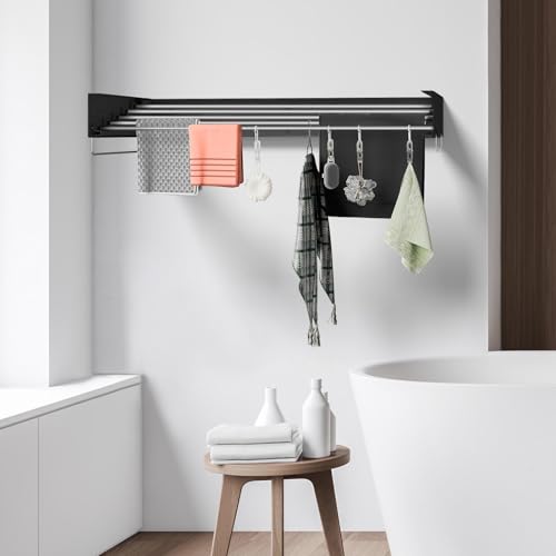 SWAWIS Wäscheständer Wandmontage aus Edelstahl Schwarz 100x50cm, 50kg Tragkraft, Klappbar, Geeignet für Innen Balkon, Platzsparend