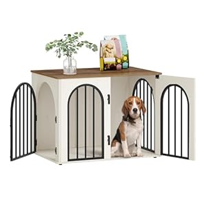 31.5” Wooden Dog Crate Furniture, Indoor Dog Kennel Dogs Cage for Small/Medium Dogs, Heavy Duty Dog Crates Decorative Pet House End Side Table TV Stand, White Brown DFC85114B