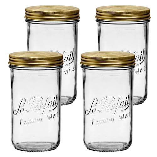 Le Parfait Familia Wiss 32oz (1L) Wide Mouth Glass Canning Jars &ndash; 4PK Made in France, Airtight 2-Piece Lid, Reusable Zero Waste & Eco-Friendly for Kitchen Storage, Meal Prep, Fermentation & Baking