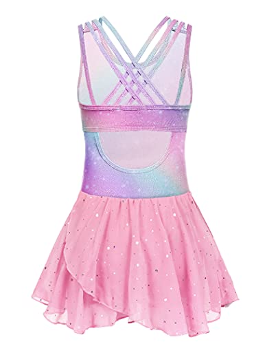 Zaclotre Gymnastics Leotards For Girls Criss Cross Strap Shiny Ballet Dance Dresses Hollow Back Skirted Ballerina Costume Rainbow 6-7 Years #TOP14