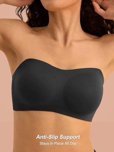 Image of Strapless Bras for Women - Wireless Seamless Tube Top Bra, Anti-Slip Lightly Padded Bandeau Bralette (L, Pure Black)