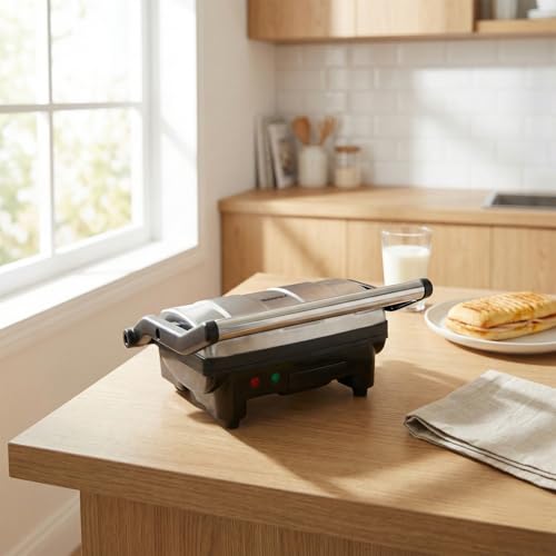Elite Gourmet EPN-2976 2-in-1 Nonstick Panini Press & Indoor Grill, Opens 180-Degree Gourmet Sandwich Maker, Floating Hinge Fits All Foods, Contact Grill with Removable Grease Tray, Stainless Steel - Thumbnail 7