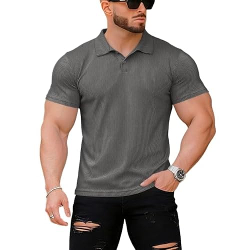 Muscle Cmdr Men's Slim Fit Muscle Polo Shirts Long&Short Sleeve Stretch Quick Dry Tee Casual Golf Athletic T-Shirts X-Small A/Grey-short