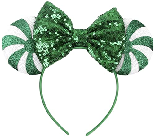 Image of CLGIFT Green Peppermint Minnie Ears,Pick your color, Iridescent Minnie Ears, Silver gold blue minnie ears, Rainbow Sparkle Mouse Ears,Classic Red Sequin Minnie Ears (Green Peppermint)