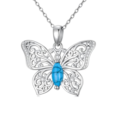 Molioaki Women's 925 Sterling Silver Butterfly Pendant Necklace, Turquoise Pendant，Butterfly Birthstone Necklace - Birthday And Valentine's Day Gift For Women (Style 2)