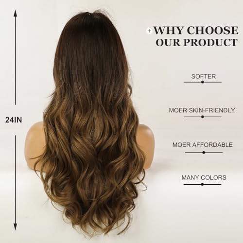 Esmee 24" Synthetic Wigs for Women Dark Roots Long Wig with Bangs Ombre Wavy Hair Realistic Simulation Scalp Middle Part - Image 3