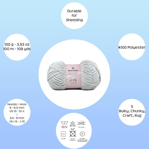 Image of Cuddly Velvet Chenille Yarn, Super Soft Fluffy Bulky for Knitting Crocheting Blanket Amigurumi, Durable for Shedding, 100 Gram (3.53 Ounces) 109 Yards (100 Meters) (Light Gray) (3 Skeins)
